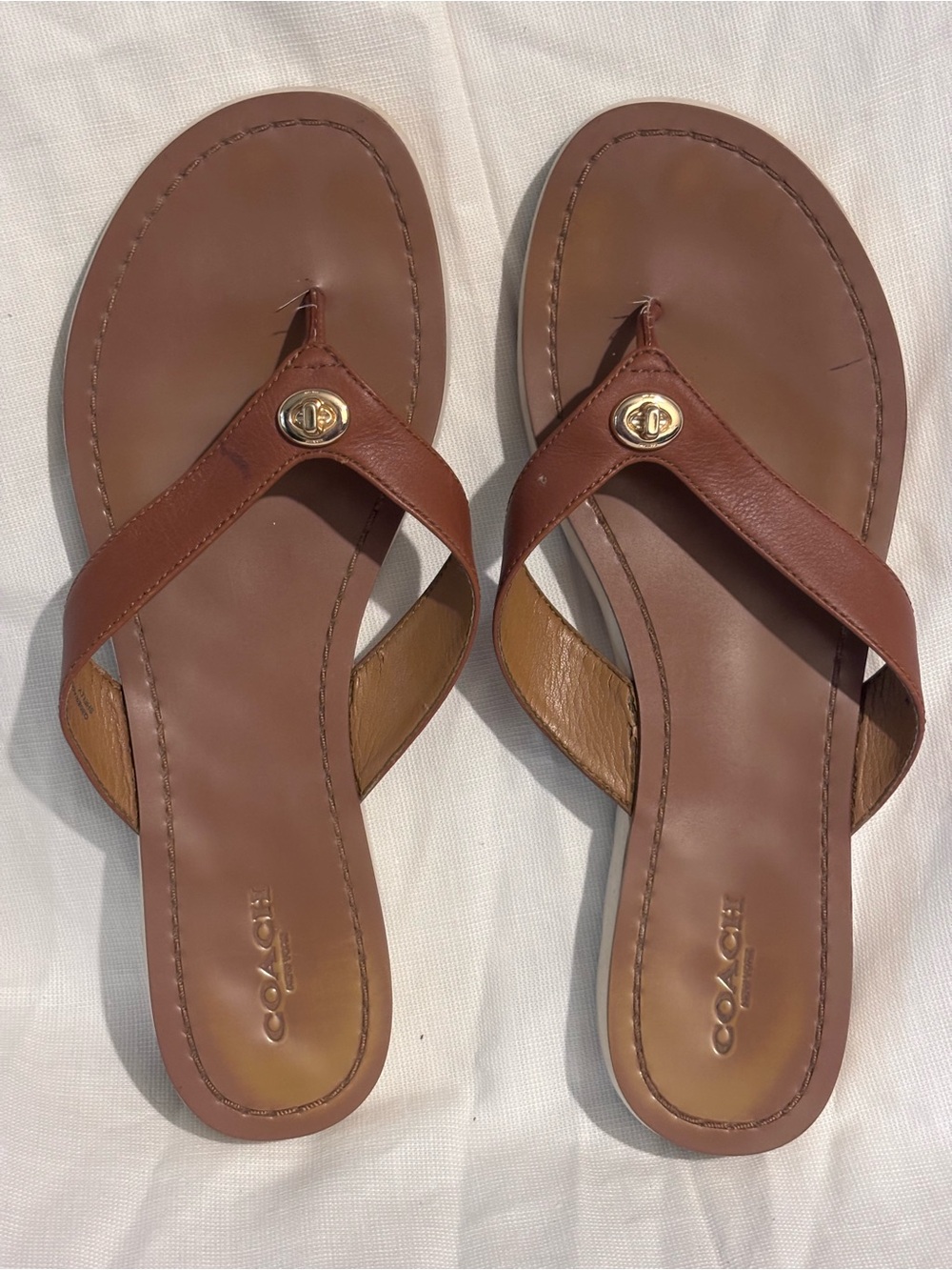 Coach Tan Leather Thong Sandals with Gold Accent